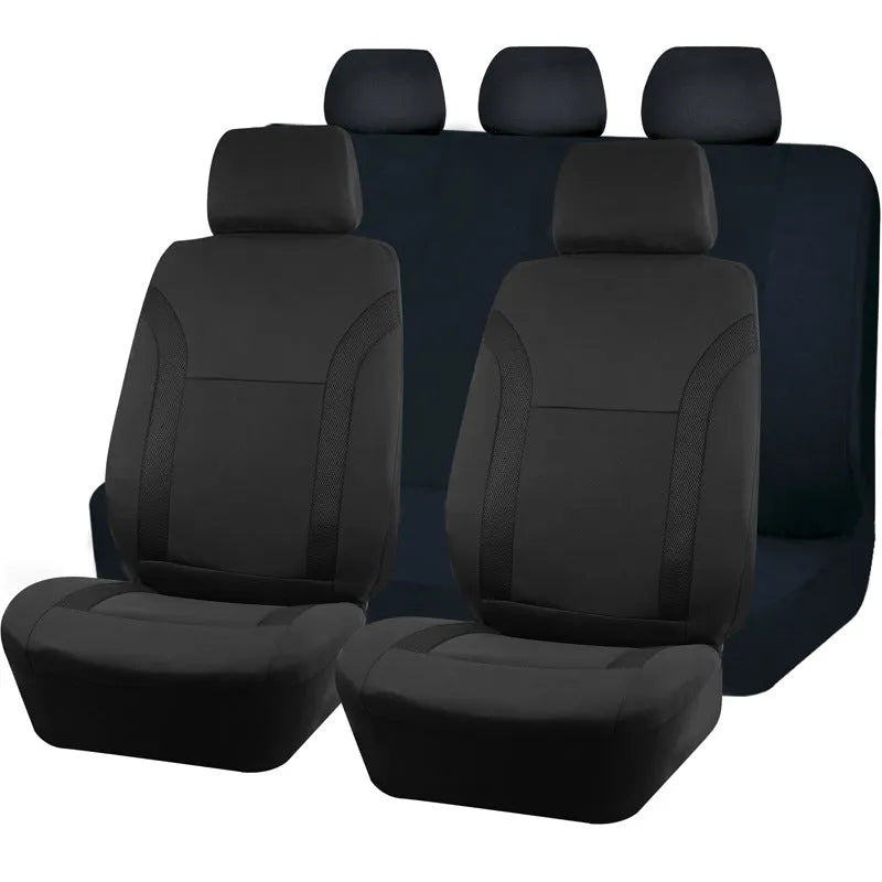 Polyester car seat cover set with eyelet stitching in blue, showing headrest and seat covers with sponge padding.