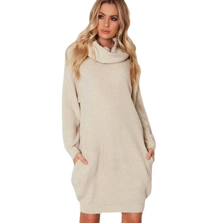 Women's apricot lapel collar acrylic fibre mid-length sweater with side pockets on hanger