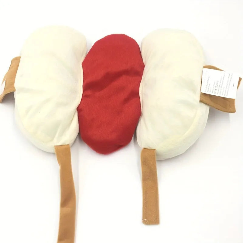 Dog wearing a brown hot dog costume with adjustable belly strap, suitable for dachshunds and small breeds