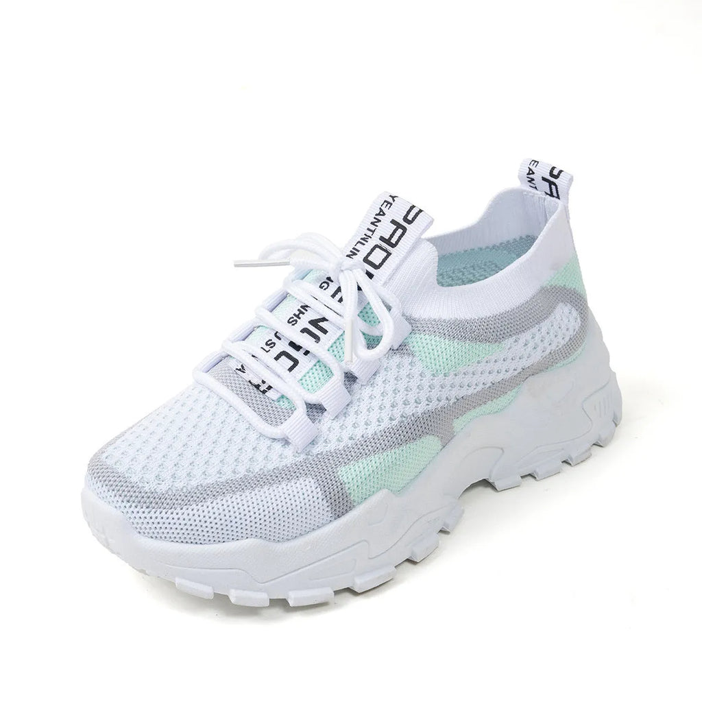 Women's Flyknit mesh lace-up sneakers in a grey colourway on a white background.