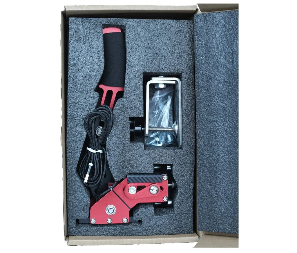 USB racing game handbrake with mounting clamp in five colour options: black, blue, purple, red, yellow