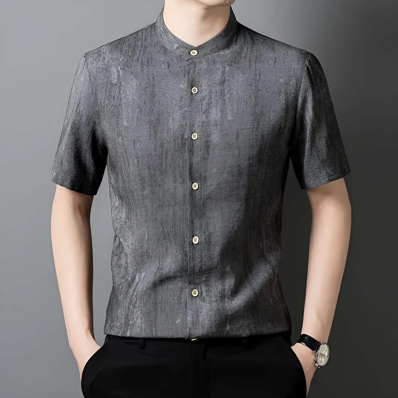 Men's loose linen-style cardigan shirt in chemical fibre blend fabric