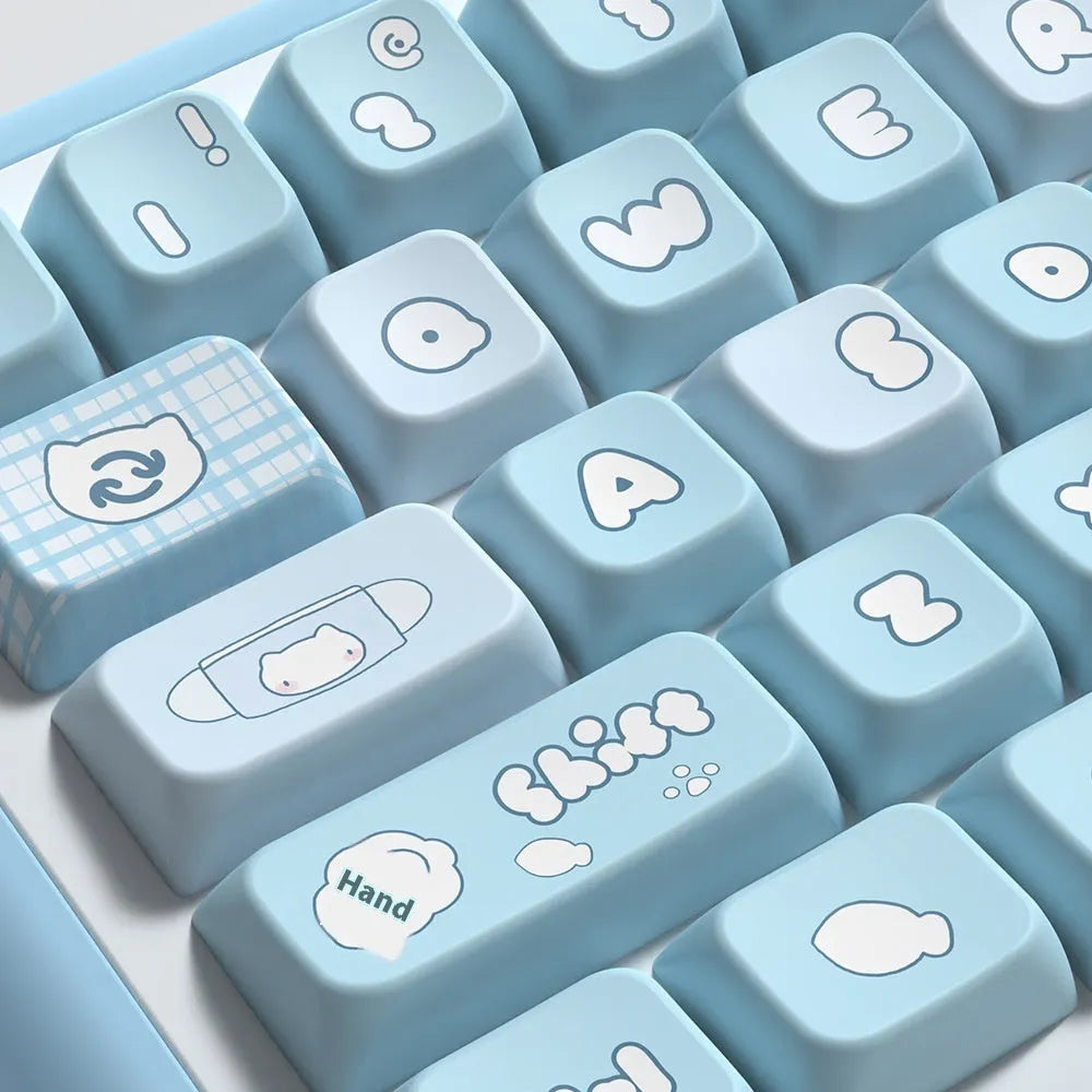 Watercolour cat design custom PTB keycap set for mechanical keyboards, showing 138 or 158 keys.