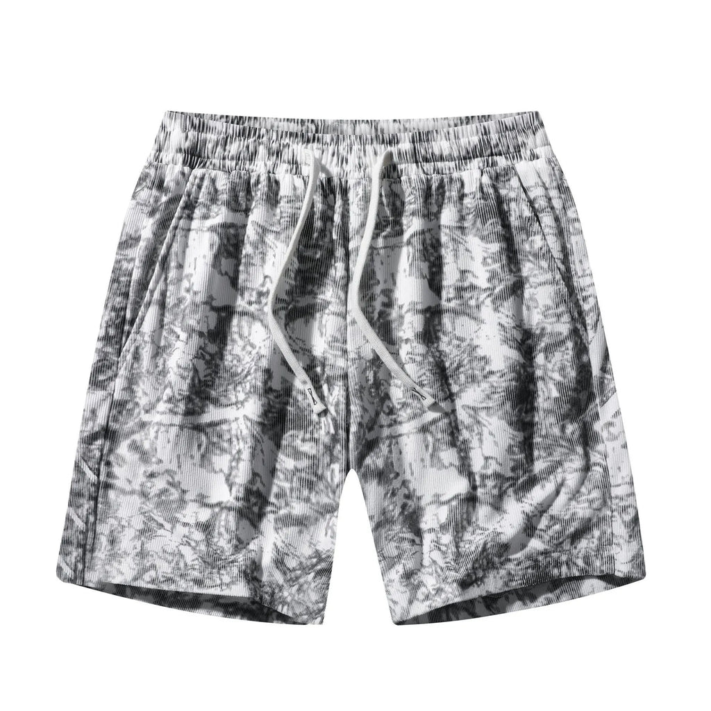 Men's grey camouflage print corduroy athletic shorts with a high waist and straight leg