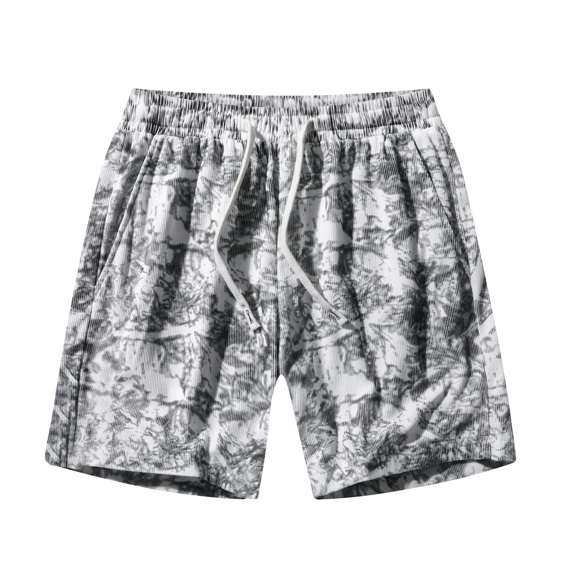 Men's grey camouflage print corduroy athletic shorts with a high waist and straight leg