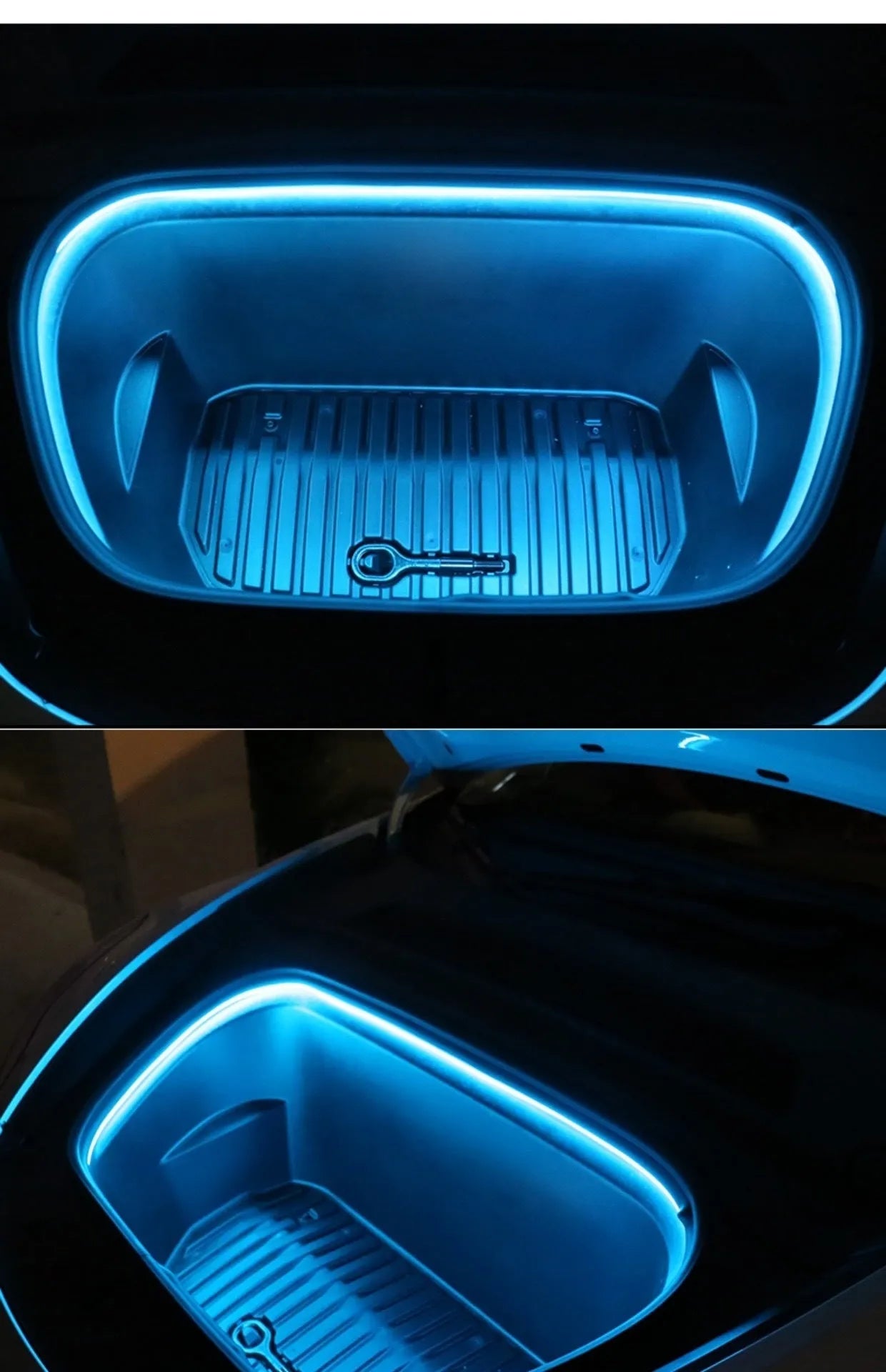 Tesla Model 3 Model Y front standby box ambient lighting kit showing soft silicone light bar