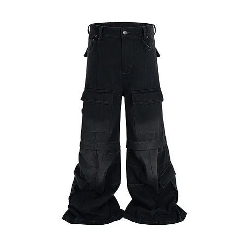 Detachable washed-out cotton overalls in black or blue with multi-pocket design