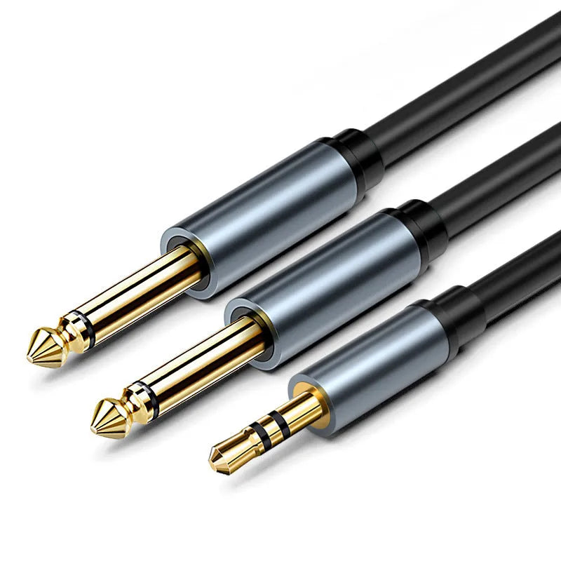 3.5mm stereo to dual 6.5mm mono male audio cable on a white background.