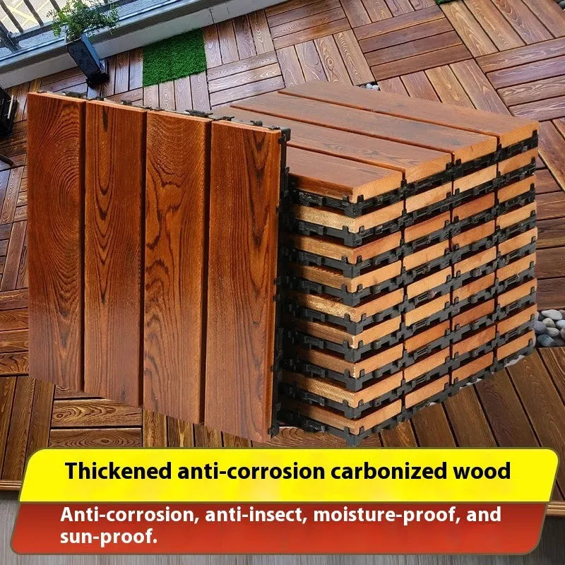 Interlocking camphor pine wooden flooring tile measuring 30x30cm with a brushed surface.