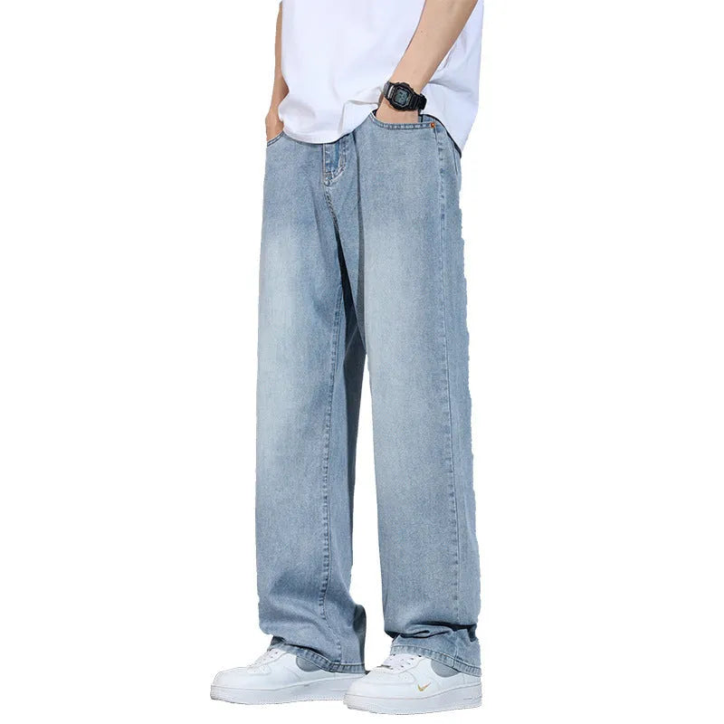 Straight-leg casual trousers in thin ice silk denim fabric shown in UK2560 blue colour.