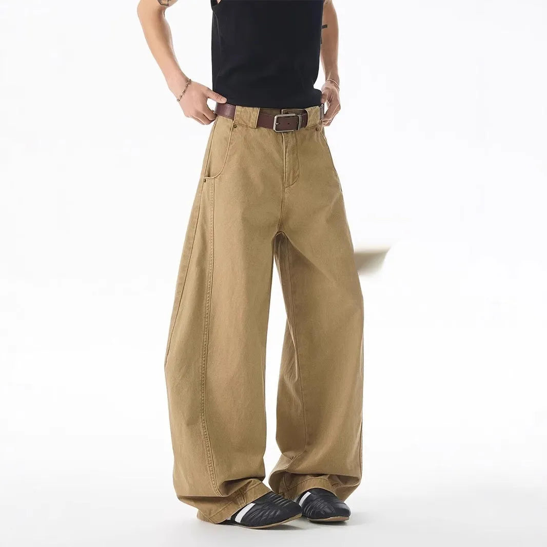 Mid-brown men's straight-leg casual jeans with a button fly on a mid-waist.