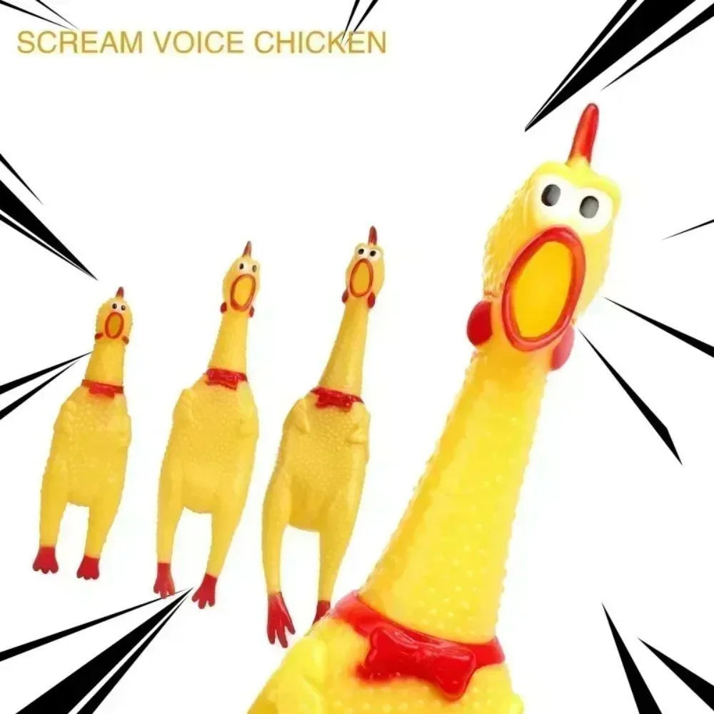 Yellow rubber squeaky chicken dog chew toy shown in three different sizes on a white background.