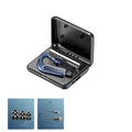 Black Bluetooth earphones with a hanging ear hook design and multiple silicone ear tip sizes on a white background.
