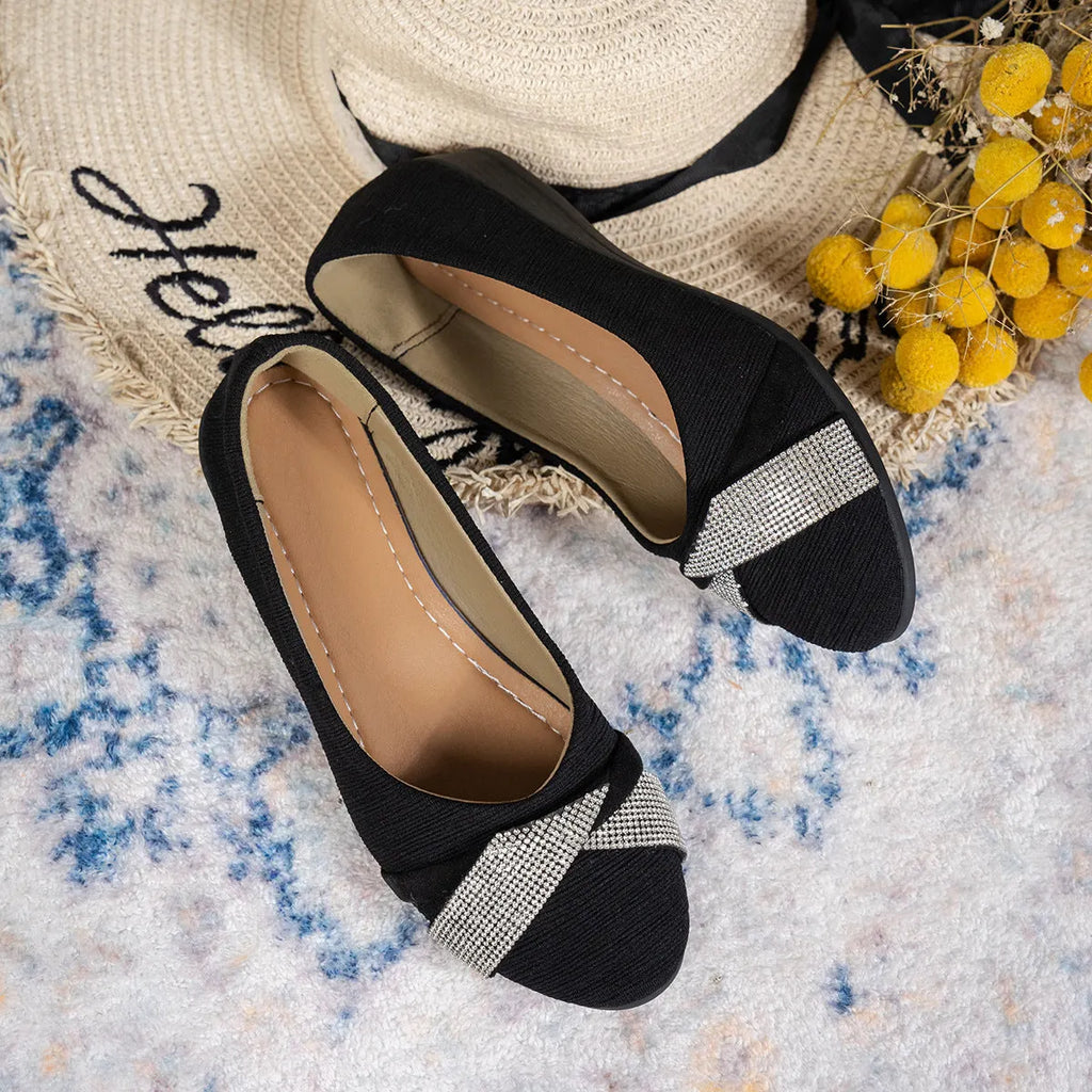 Black women's slip-on casual shoes with rhinestone detail and 6-8cm chunky heel