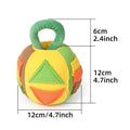 Pink or green plush squeaky ball dog toy with treat pockets measuring 12x12x18cm