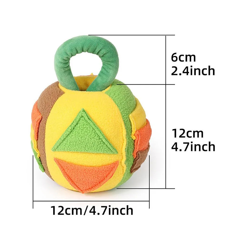 Pink or green plush squeaky ball dog toy with treat pockets measuring 12x12x18cm