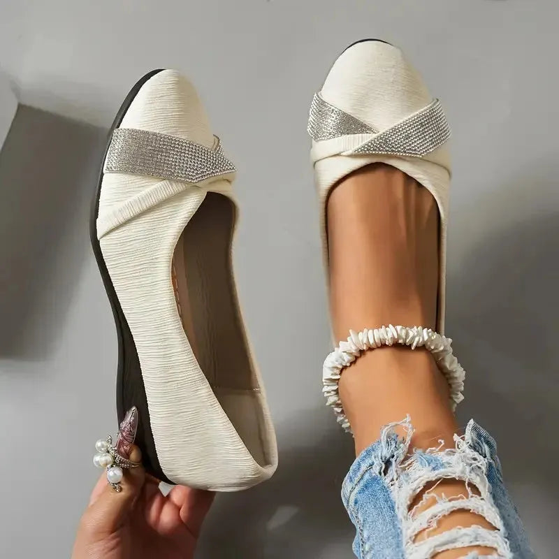 Black women's slip-on casual shoes with rhinestone detail and 6-8cm chunky heel