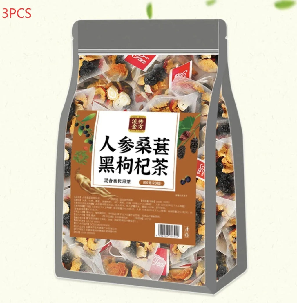 Bag of ginseng black wolfberry tea showing 40 individual sealed sachets.