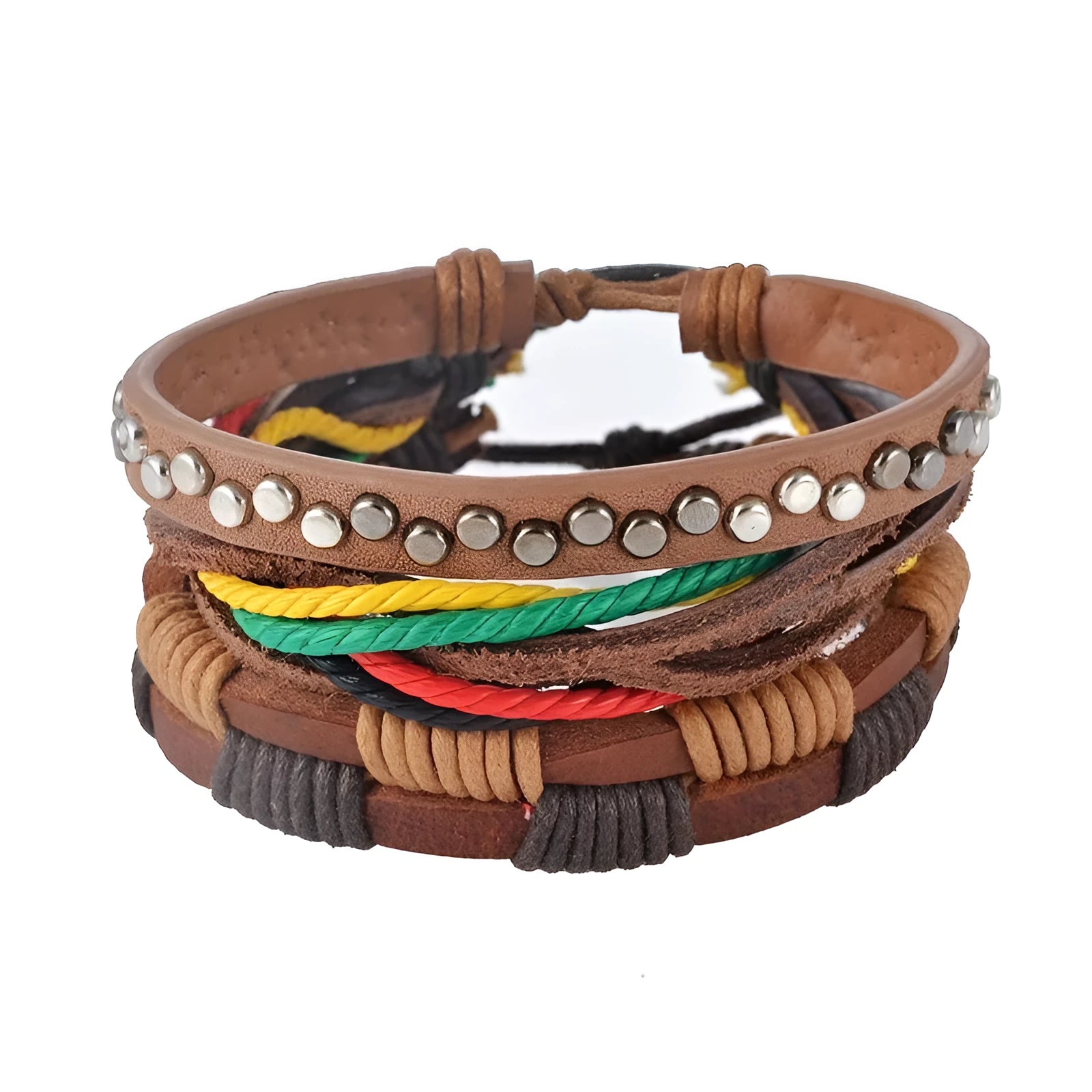 Handmade adjustable leather bracelet with wooden beads and multilayer punk vintage design