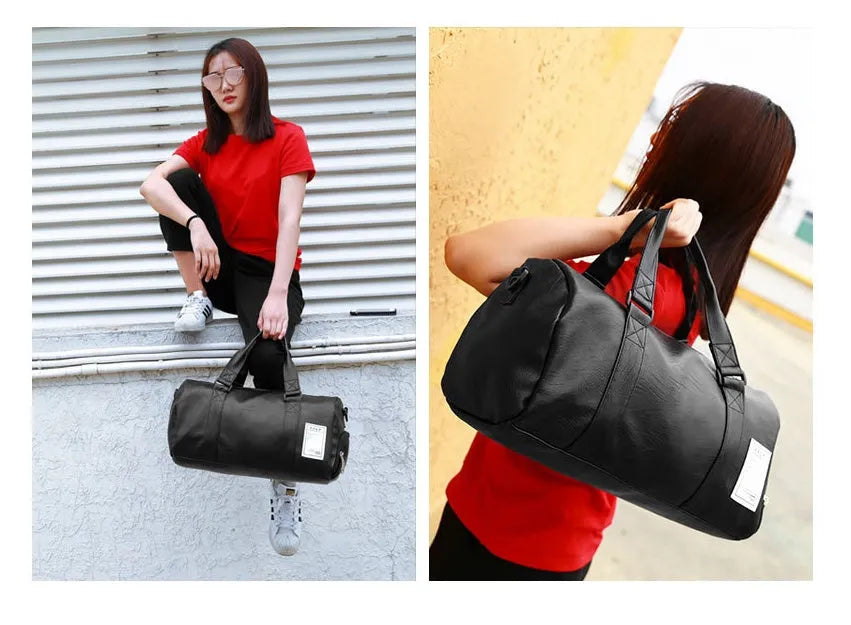 Black waterproof sports bag with separate shoe compartments and diagonal straps in two size options.