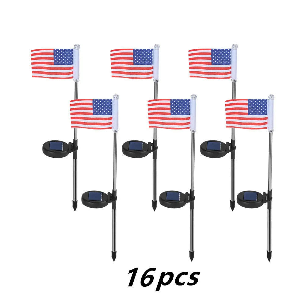 Solar garden flag light with stainless steel pole showing American flag design illuminated by LED