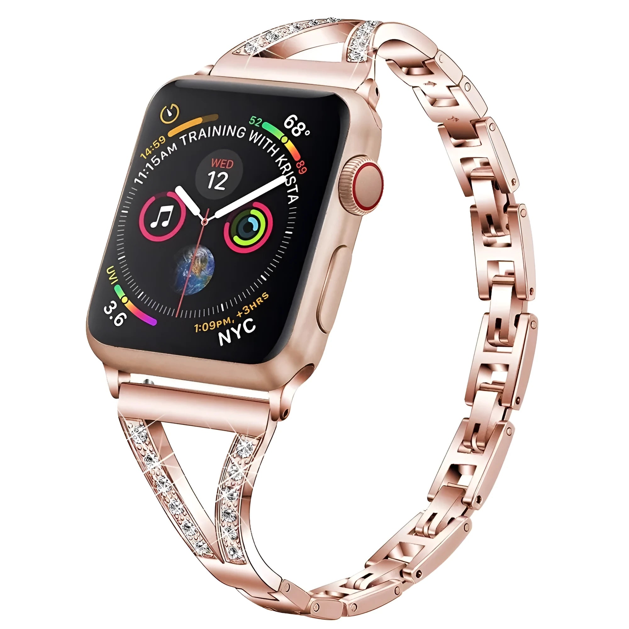Stainless steel smartwatch band with diamond studs in gold, pink, rose gold, black, and white colour options.