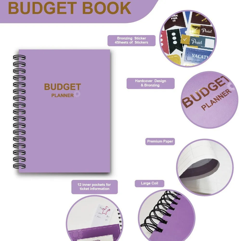 J12 purple coil-bound budget notebook with financial planning stickers and paper clips laid out.