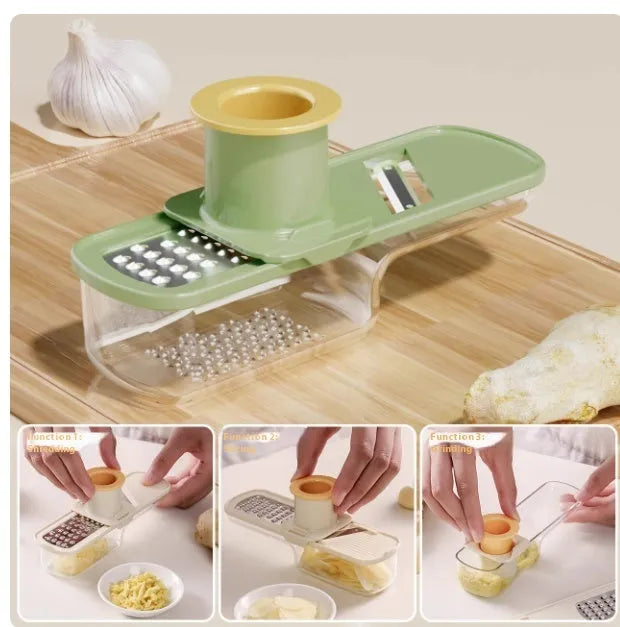 Stainless steel ginger and garlic grinder three-in-one potato slicer in beige on kitchen counter