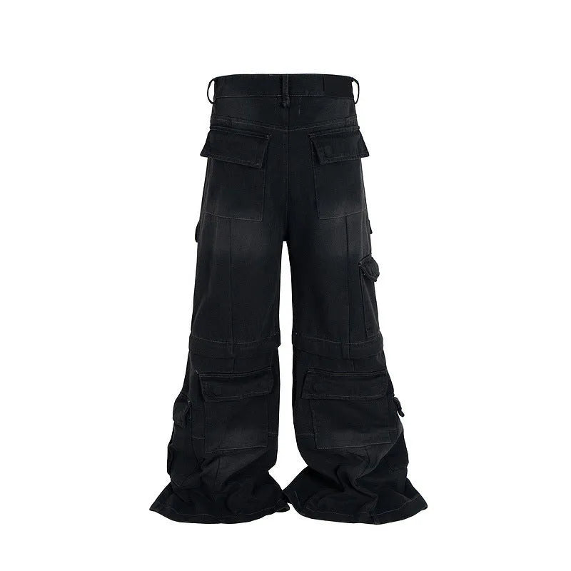 Detachable washed-out cotton overalls in black or blue with multi-pocket design
