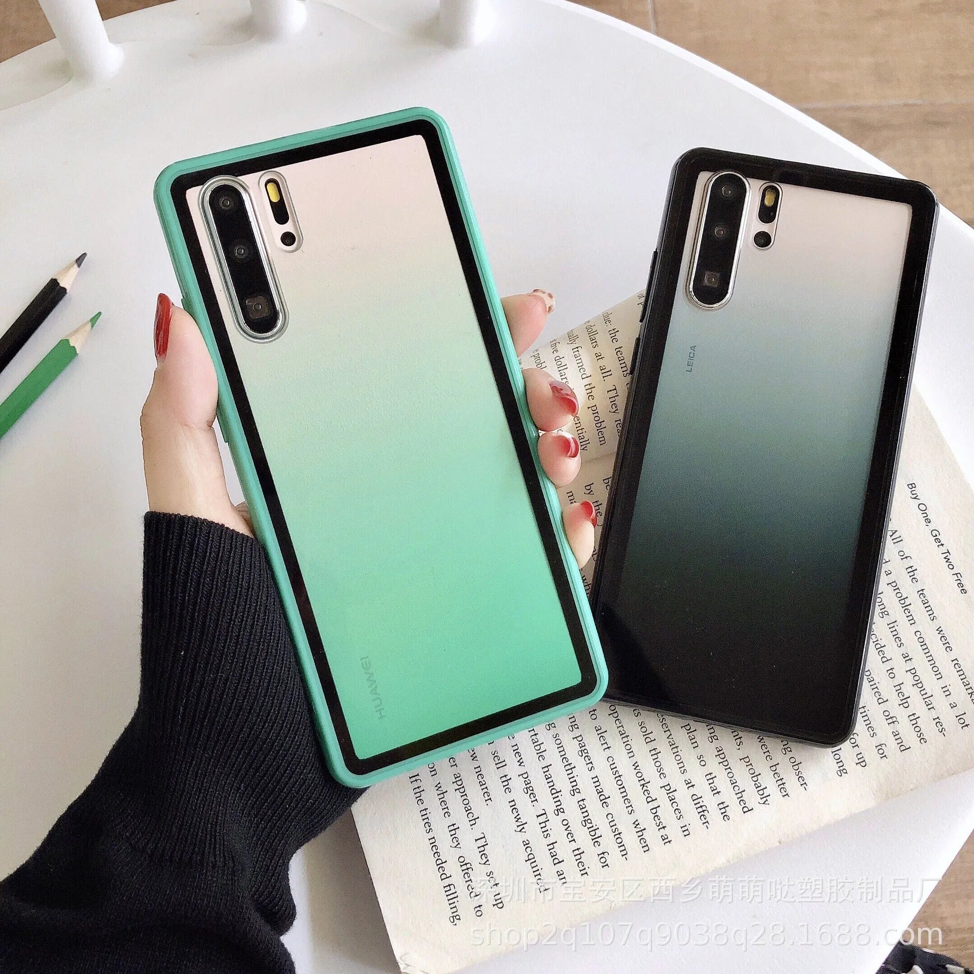 Rainbow TPU and polycarbonate phone case for Huawei models in black, green, orange, and pink colours.