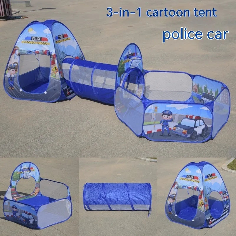 Children's three-in-one indoor play tent set with cartoon submarine design, featuring a tent, play tunnel, and ball pool.