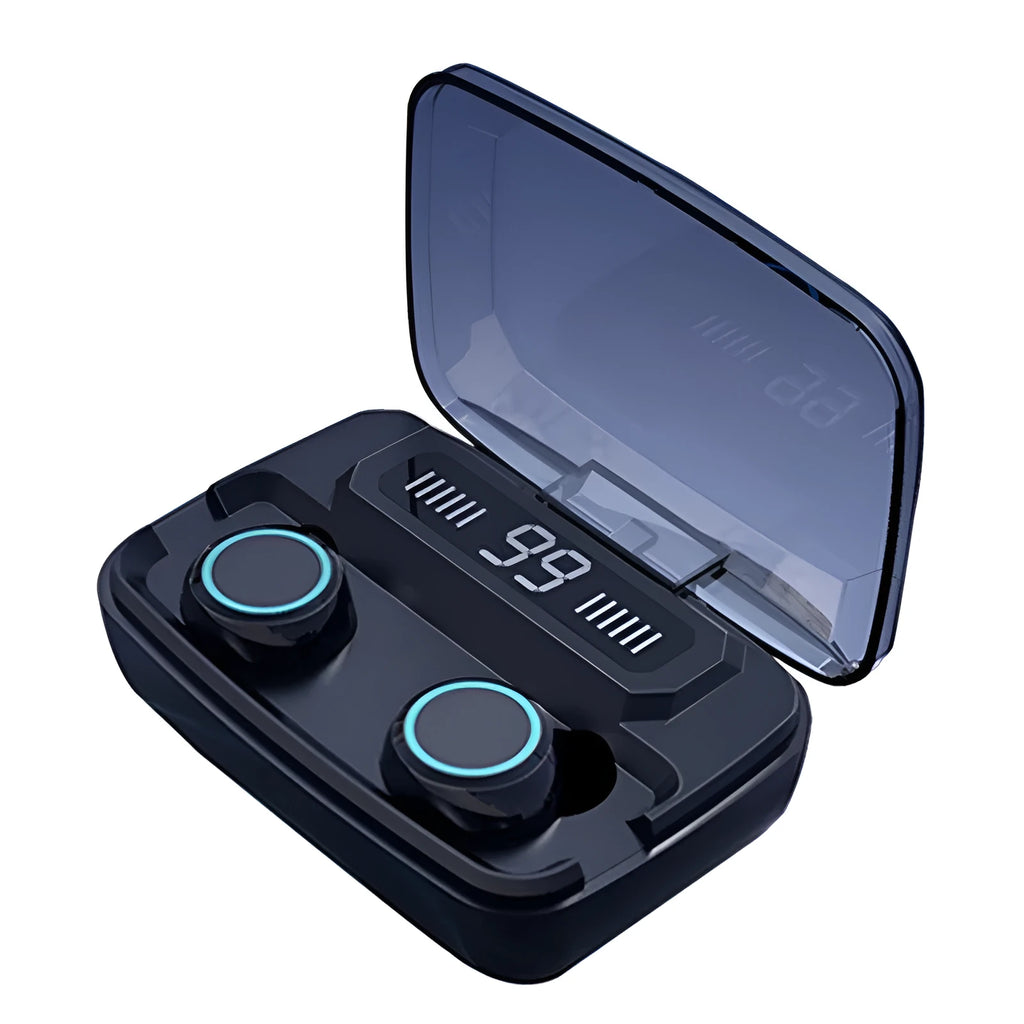 Black M11 wireless Bluetooth headset with digital power display and charging compartment