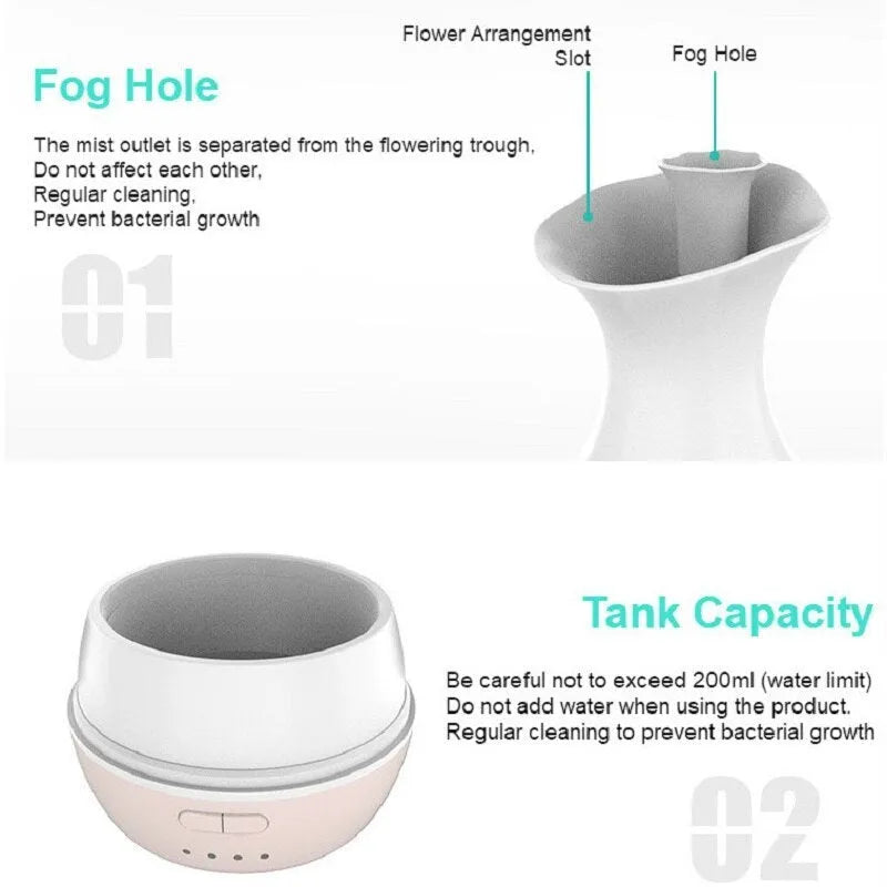 White or pink ultrasonic aromatherapy vase humidifier with colourful night light feature
