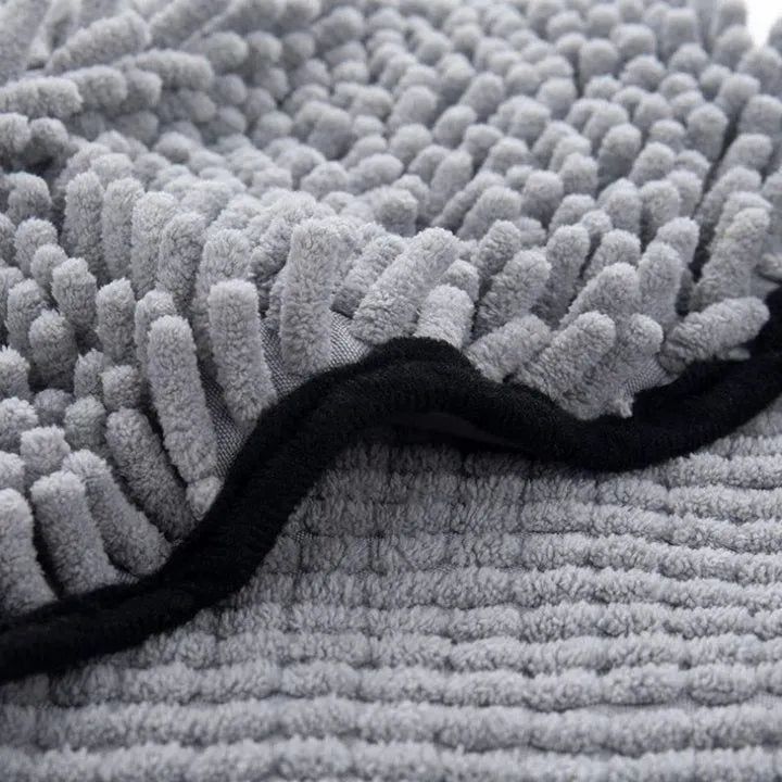 Four-layer thick pet bath robe towel measuring 62cm by 23cm in blue, grey, purple or red colours