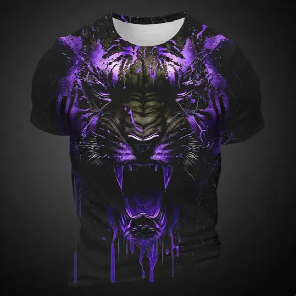 Men's 3D tiger pattern T-shirt in polyester with short sleeves