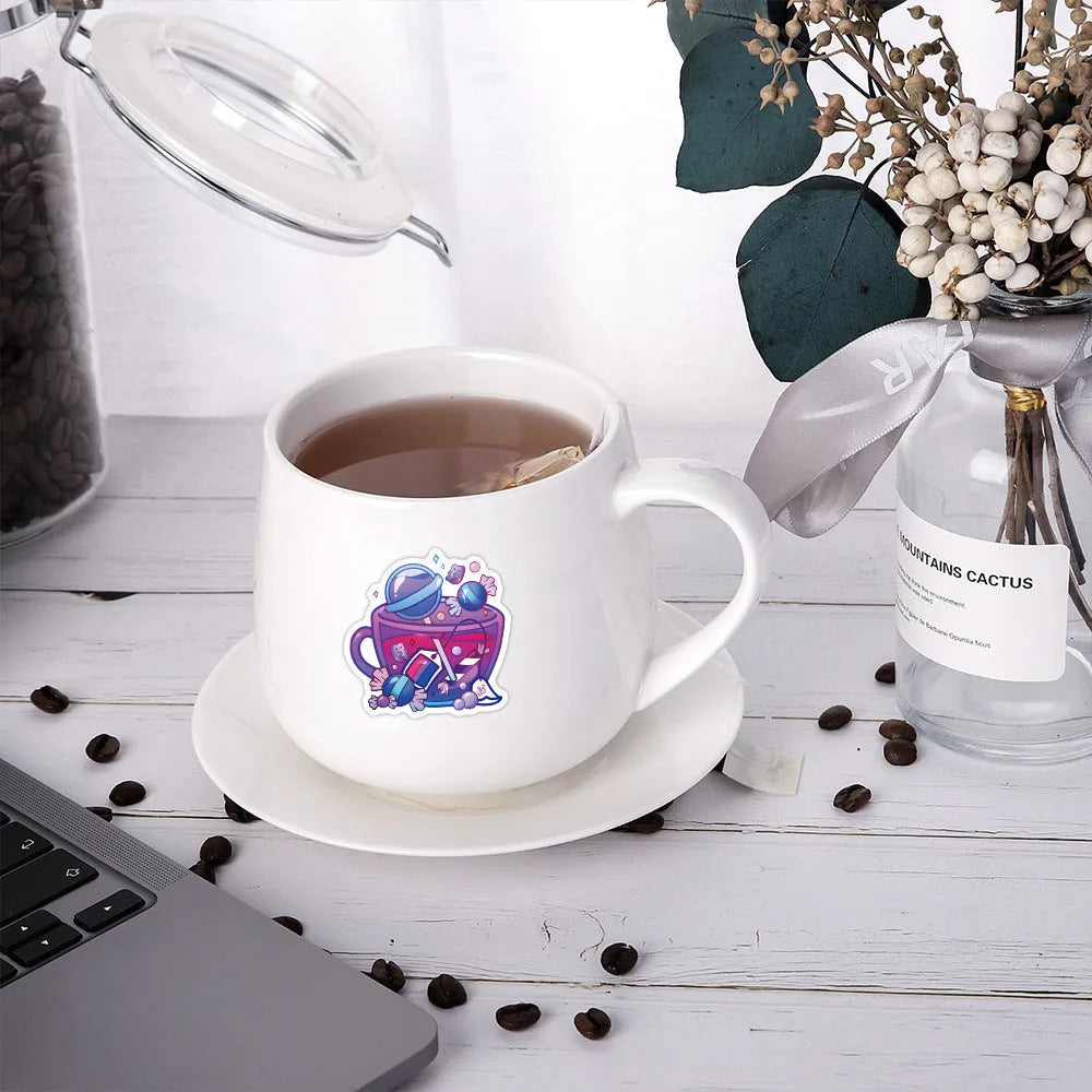 Waterproof vinyl stickers with colourful tea cup graffiti design in Nordic style, 50-piece pack