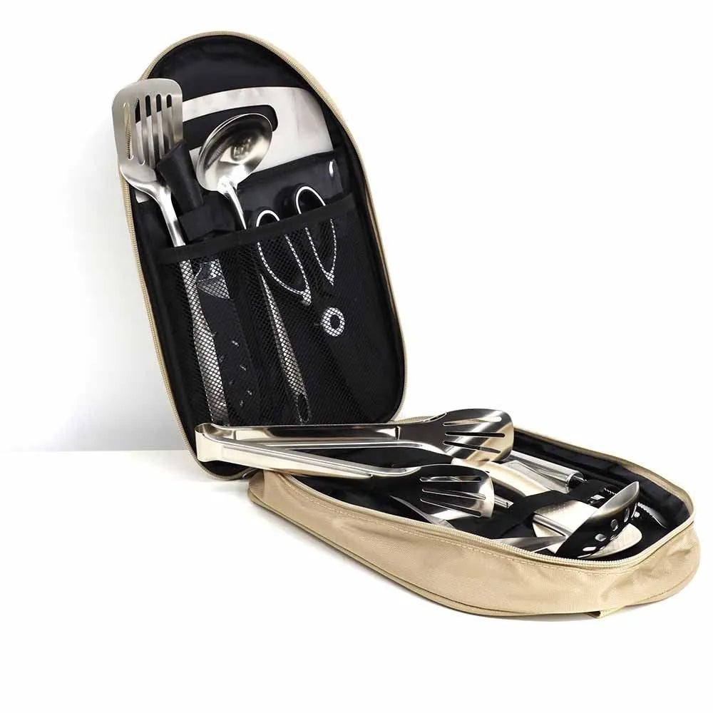 Picnic kitchenware storage bag containing 12 stainless steel utensils in brown, green, or khaki colour