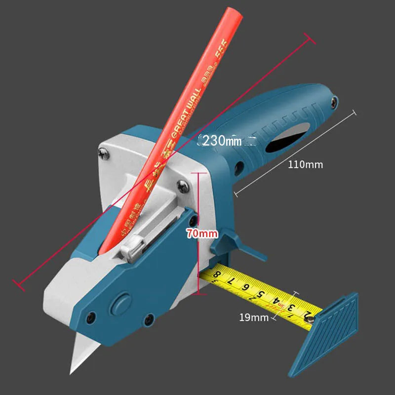 Blue aluminium and TPR plastic multifunctional woodworking cutter with measuring scale.