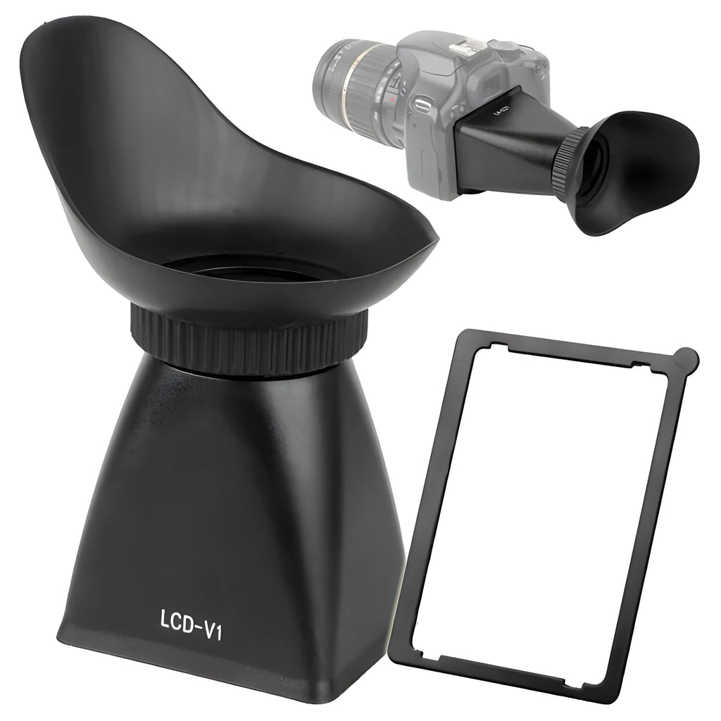 Black camera framing amplifier with optical lens attached to a DSLR camera screen.