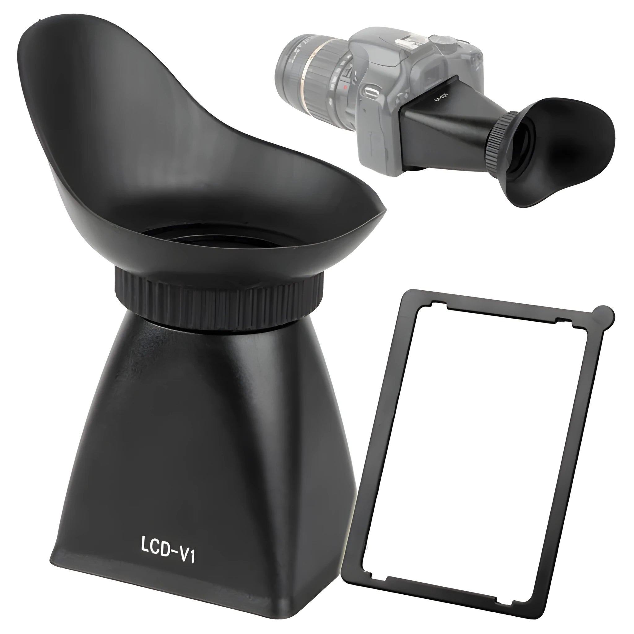 Black camera framing amplifier with optical lens attached to a DSLR camera screen.