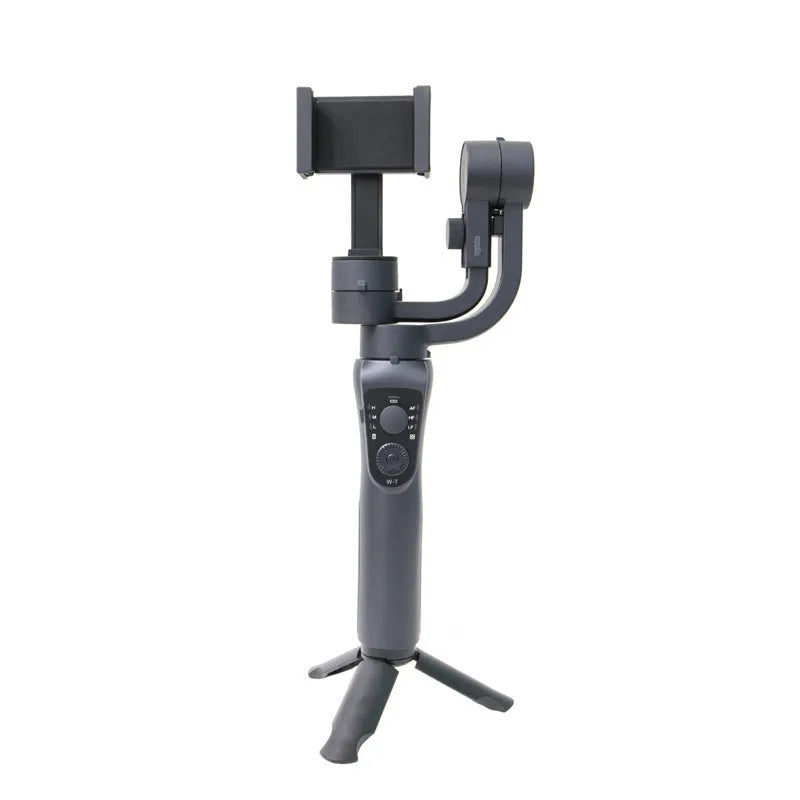 Black three-axis handheld phone gimbal stabiliser with tripod and hard case accessories