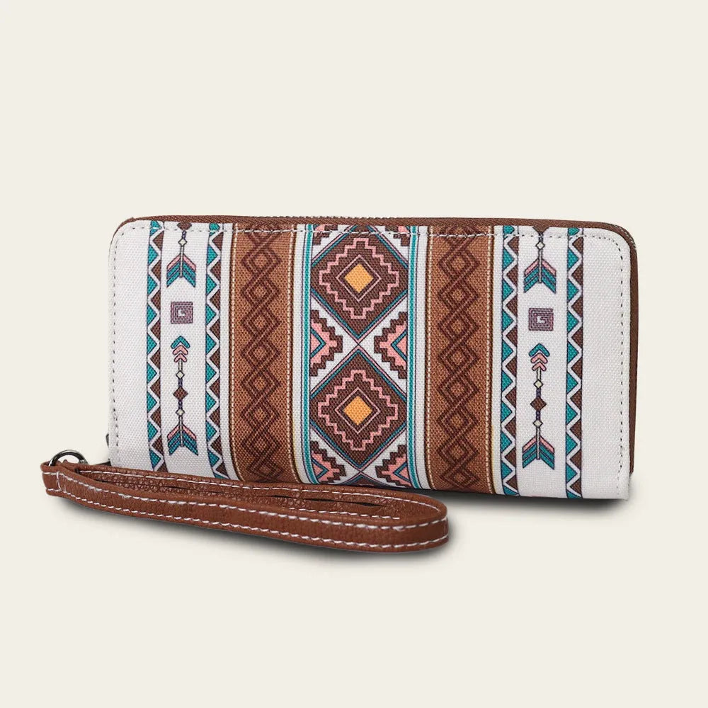 Striped bohemian canvas RFID-blocking wallet in multiple colours showing card slots.
