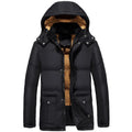 Men's black velvet double-breasted hooded padded jacket with a loose fit.