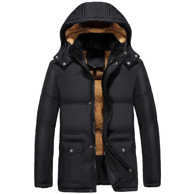 Men's black velvet double-breasted hooded padded jacket with a loose fit.