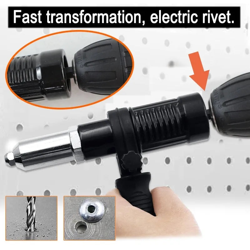 Black metal electric drill rivet gun with adapter and four rivet heads on a workbench.