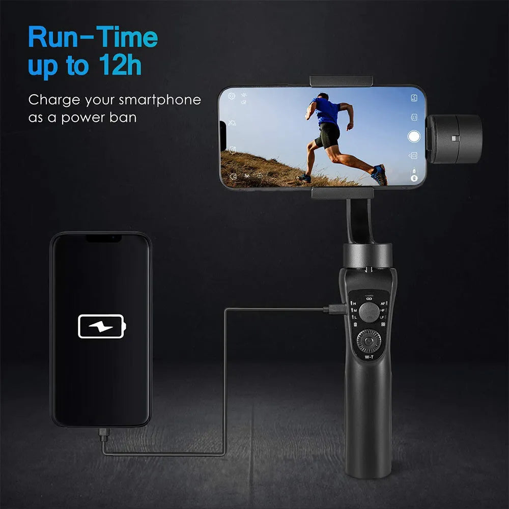 Black three-axis handheld phone gimbal stabiliser with tripod and hard case accessories
