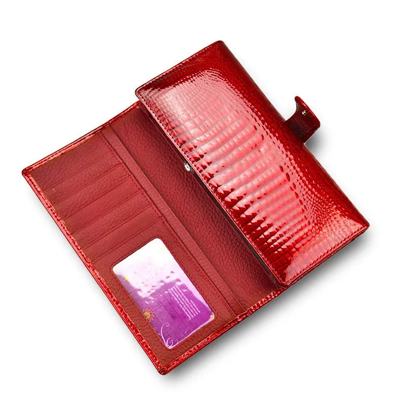 Women's crocodile pattern leather coin purse in wine red with pigskin lining interior