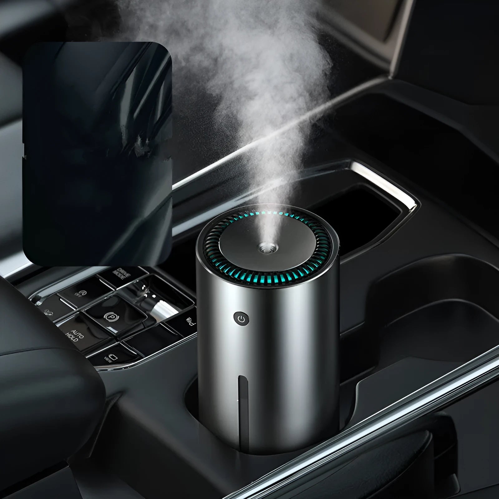 Black aluminium alloy car humidifier and aromatherapy diffuser with USB cable for 12V power.