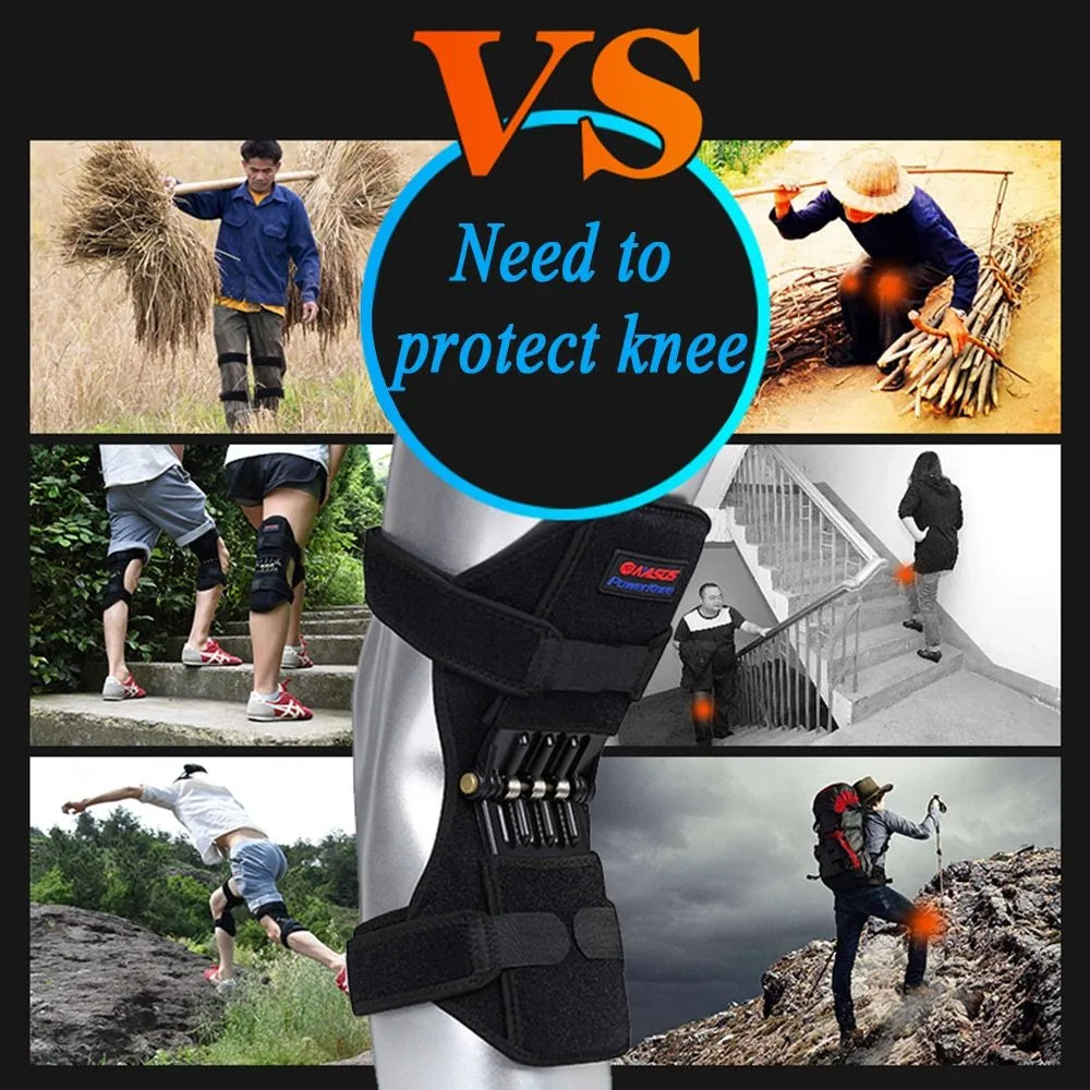Adjustable spring-loaded knee support brace with straps on a grey background.