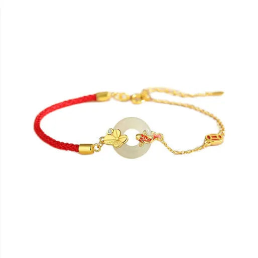 925 silver koi peace buckle bracelet with gold electroplating and red rope for women